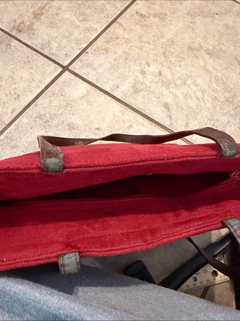 Red Embroidered Floral Tote Bag with Brown Straps - Picture 7 of 9